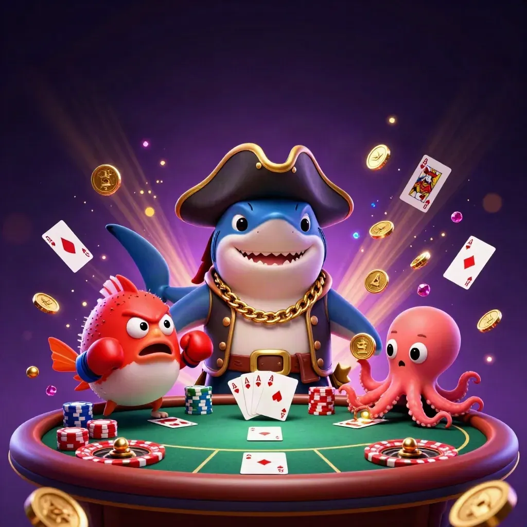 Pirate shark, boxing pufferfish, and coin-juggling octopus above glowing poker riches