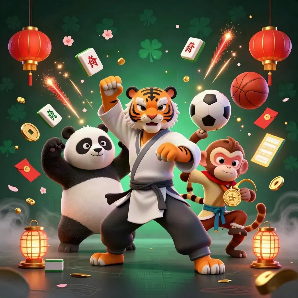 Low-angle kung-fu tiger, panda and monkey amid flying mahjong tiles, coins, balls and lanterns.