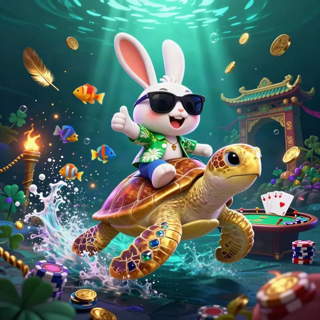 Lucky rabbit rides a gold sea turtle amid poker treasure, temple gates, and neon storm glow.