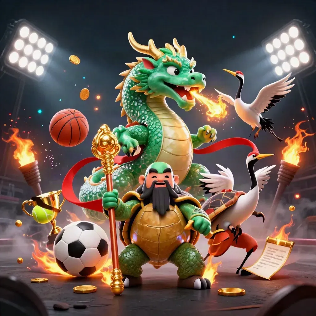 Emerald dragon, turtle sage, and cranes amid flying balls, trophy, coins, and stormy gold-cyan light