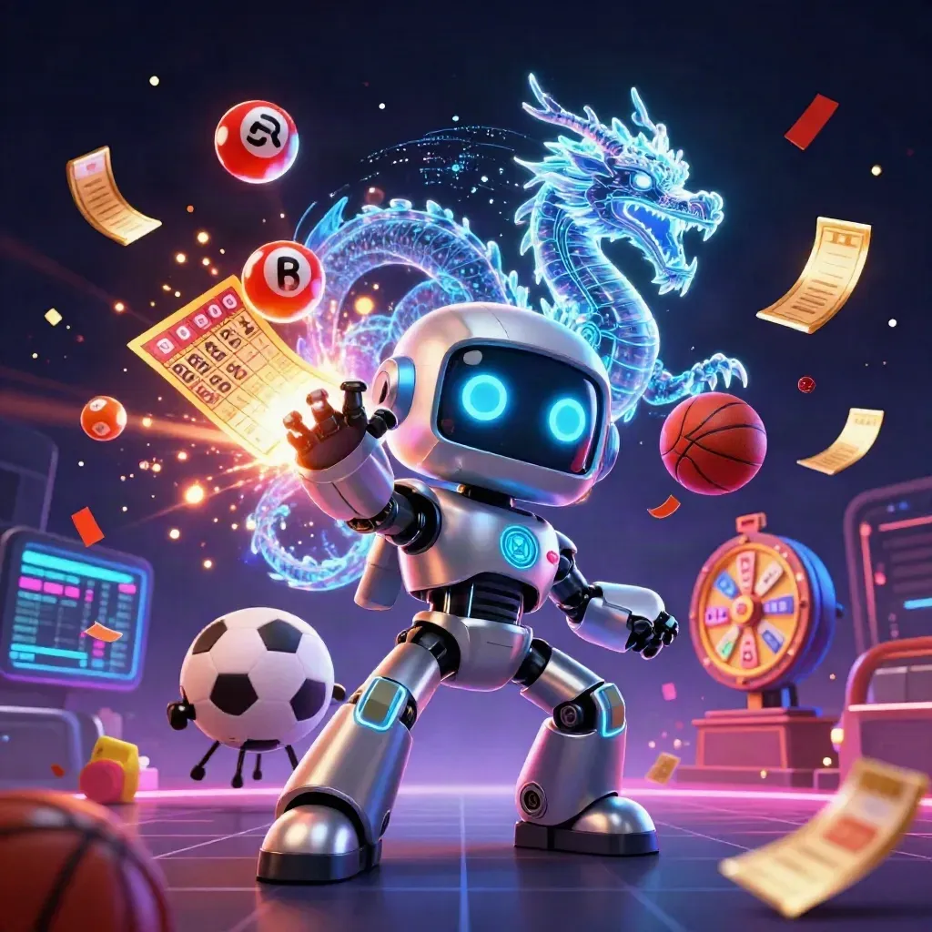 Cyberpunk robot, holographic dragon, and coin drone amid casino game bursts and neon effects.