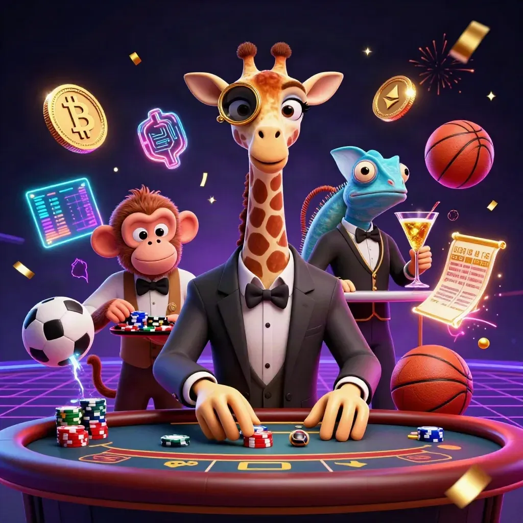 Low-angle casino poker trio with coins, lightning, sports balls, confetti, and neon glow