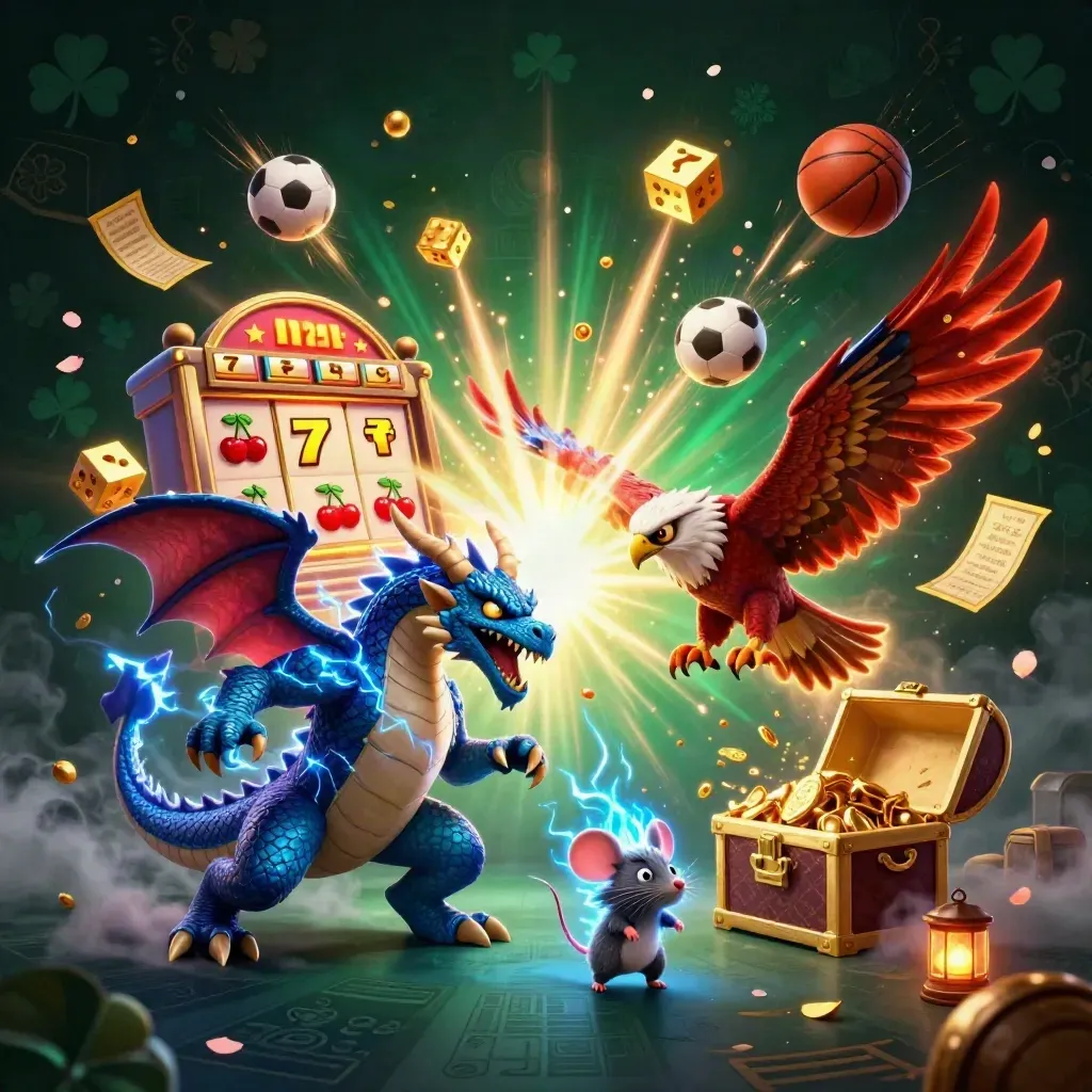 Thunder dragon, wind hawk and static mouse burst amid casino symbols in a dark emerald glow.