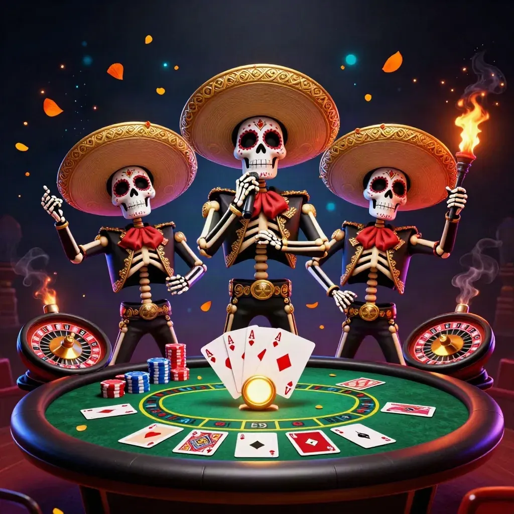 Skeleton mariachi trio amid poker glamour, chips, cards, roulette, embers, and blue bokeh.