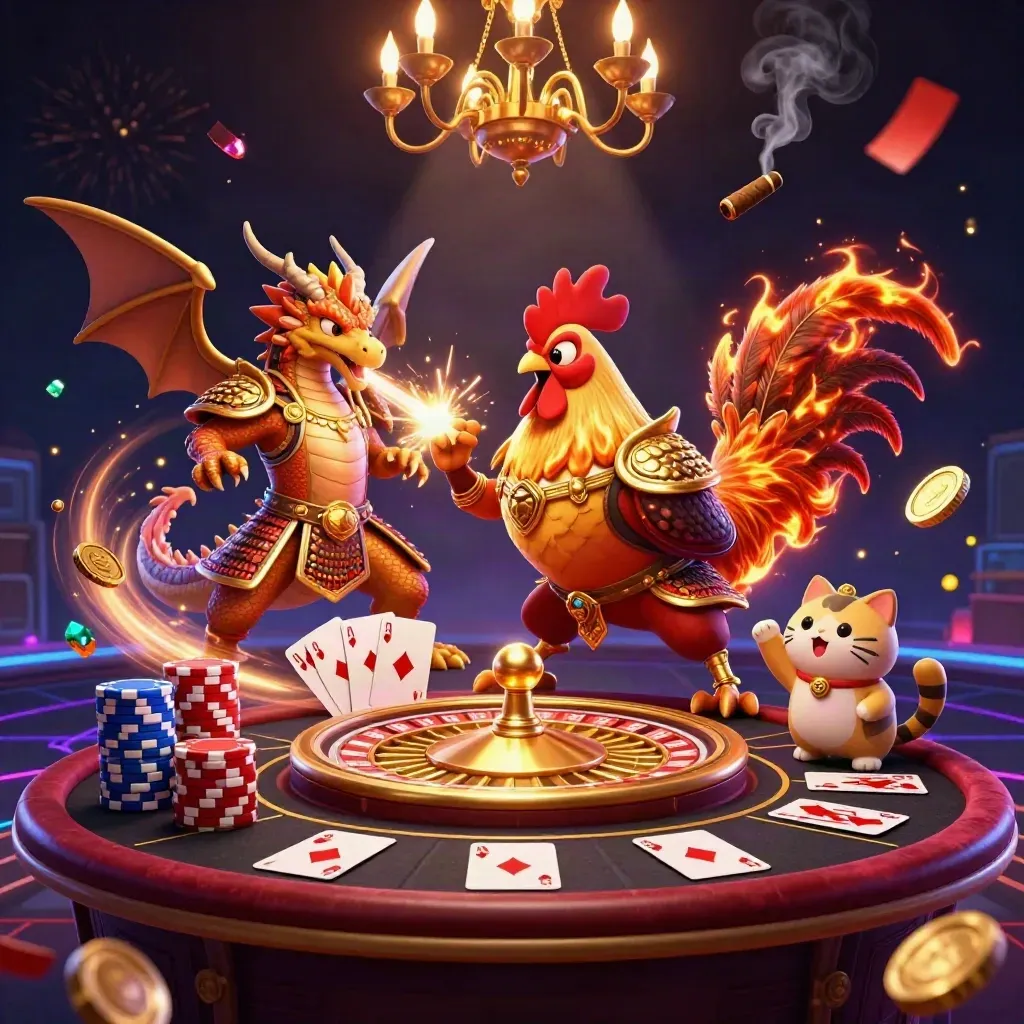 Rooster warrior, spark-breathing hatchling, and fortune-cat amid casino chaos and glowing gold