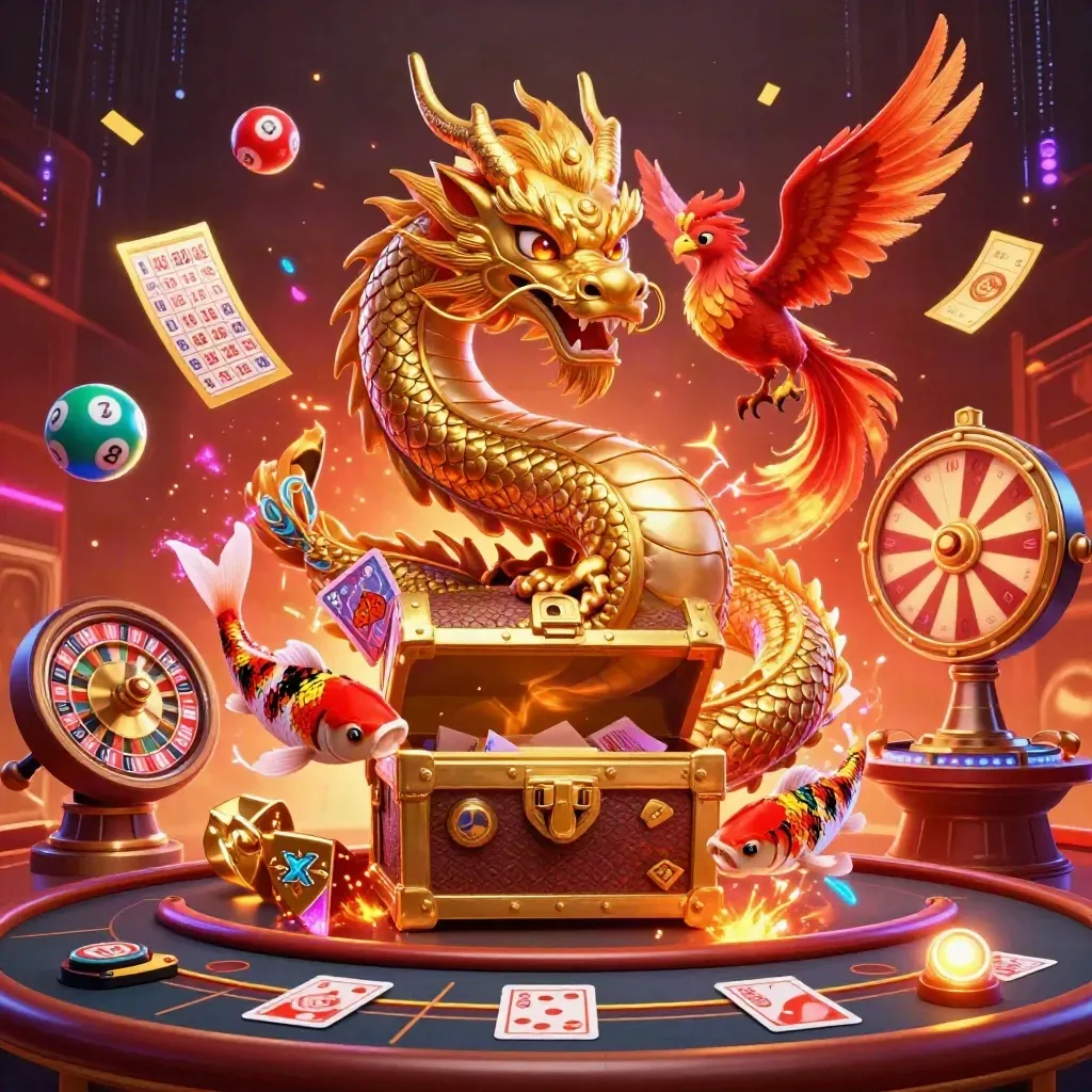 Golden dragon, phoenix, koi and casino symbols in a fiery luxury room.