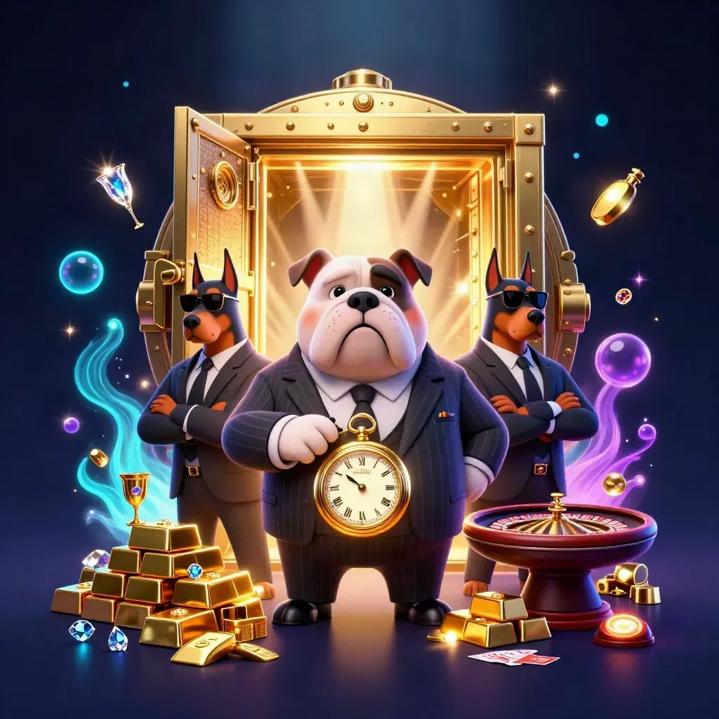 Bulldog boss with Dobermans in a vault-lit casino, gold, gems, and spinning wheel