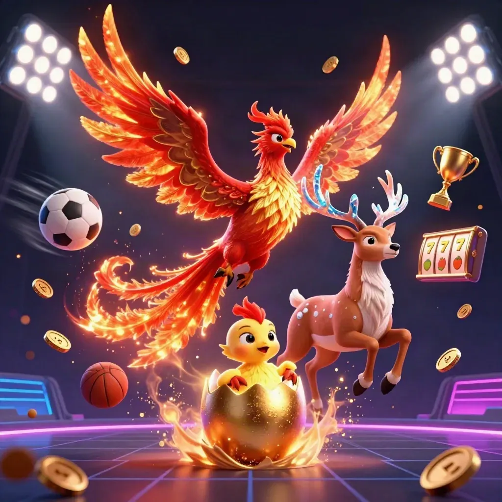 Phoenixes and a mystical stag explode through casino gaming icons in a neon storm.