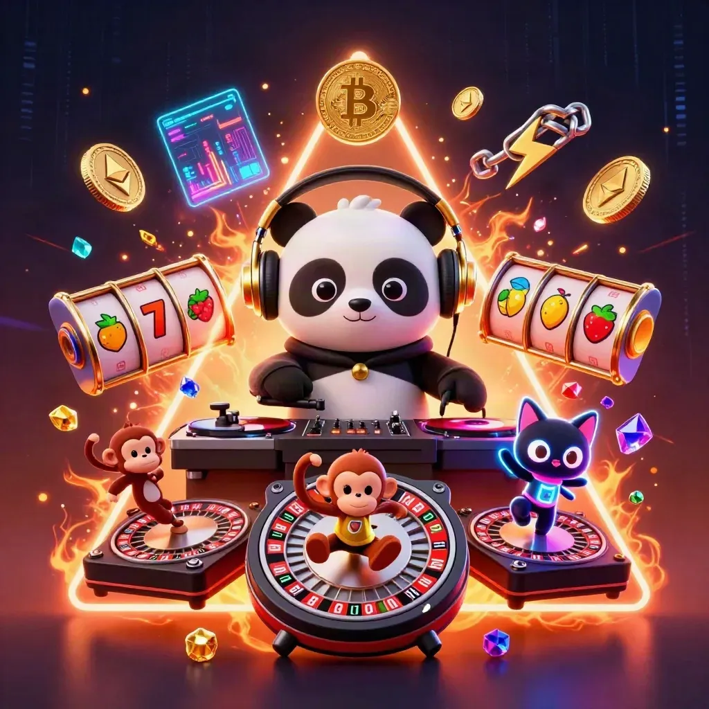 Panda DJ, dancing monkey, and neon kitten explode with poker-casino energy amid coins and lightning.