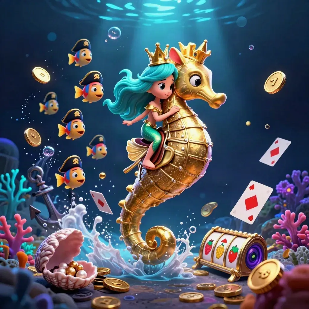 Mermaid princess on armored seahorse in a treasure cove with fish, coins, cards, and glowing coral