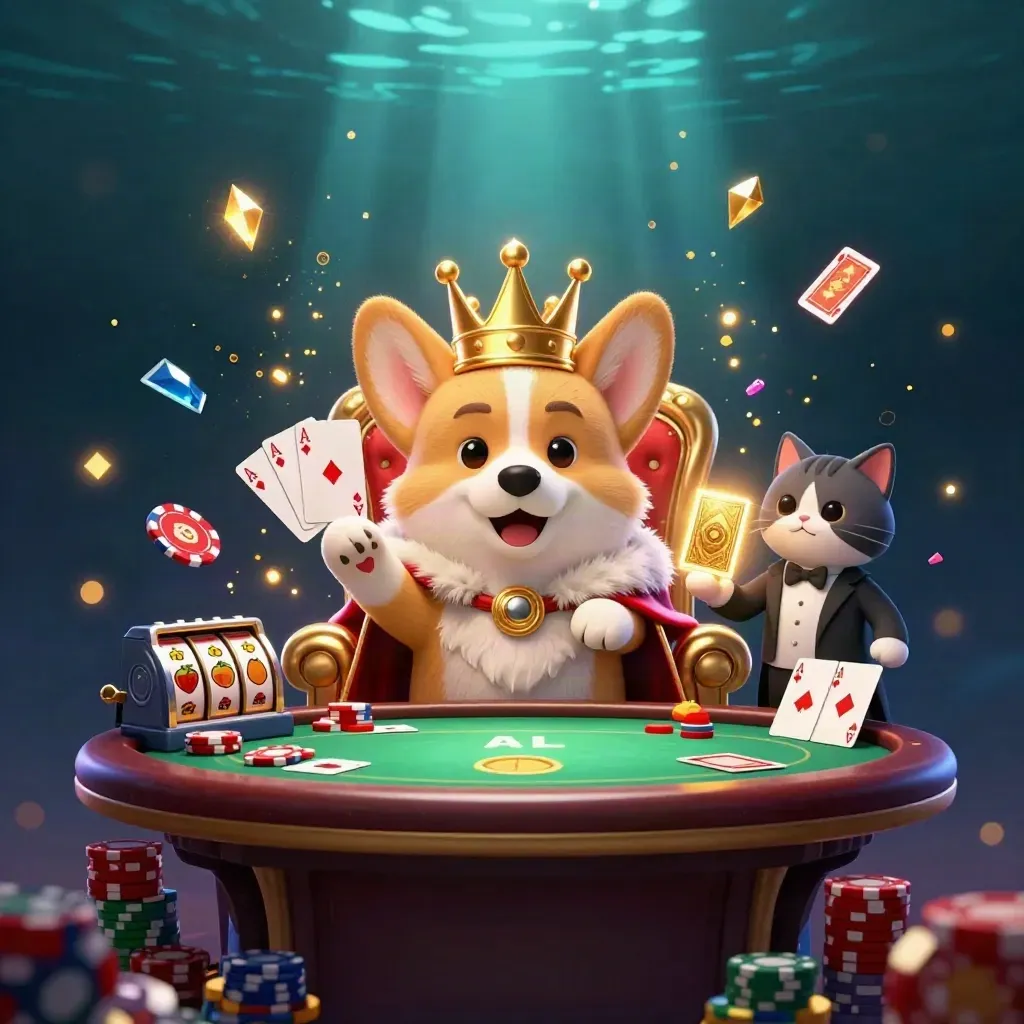 Royal corgi and cat butler amid poker chips, aces, and gold glow in a stormy underwater casino scene.