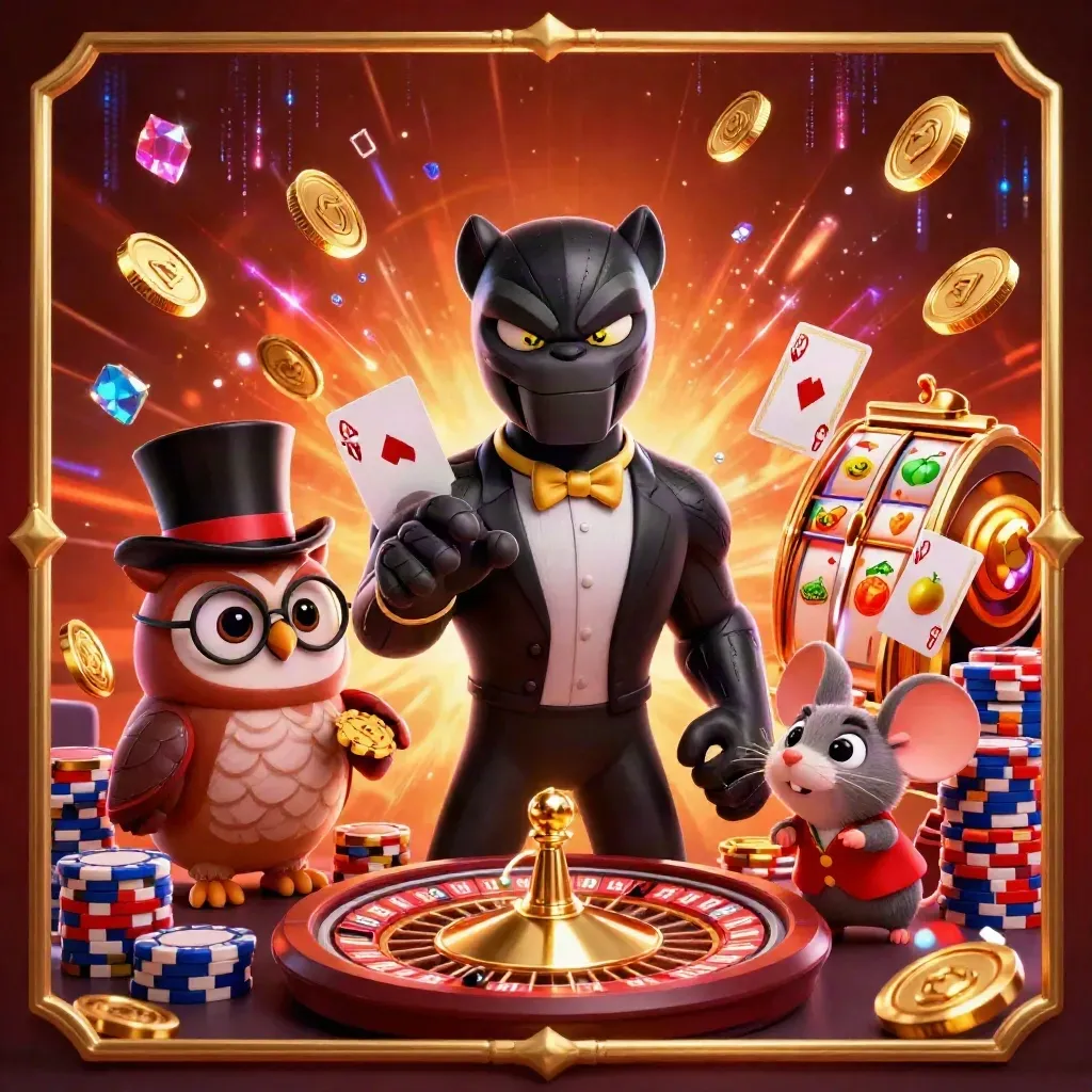 Panther dealer, owl and mouse amid coins, gems, roulette wheel and fiery casino glow.