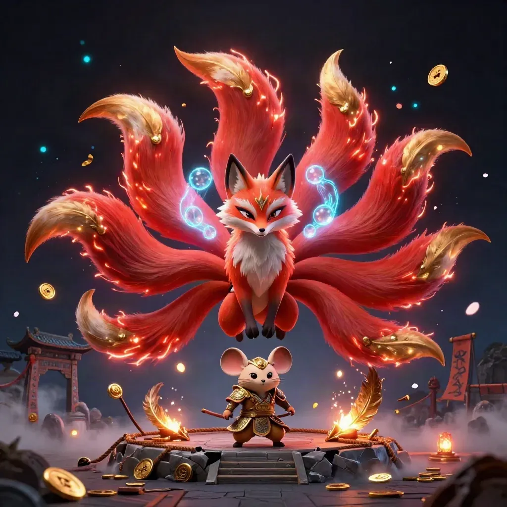 Nine-tailed fox spirit and gold-armored mouse amid coins, temple gate, and red neon magic.