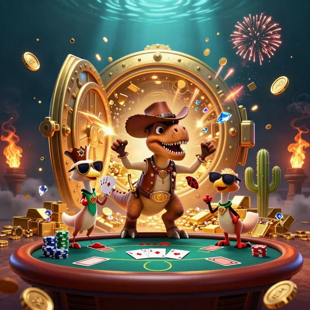Cowboy T-Rex, cactus sidekick, and roadrunner celebrate a bursting gold vault over poker gear.
