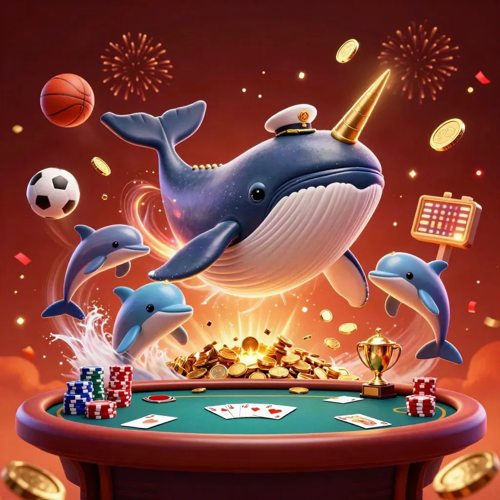 Whale, narwhal, and dolphins burst through coins amid poker chips, trophy, balls, and fireworks.
