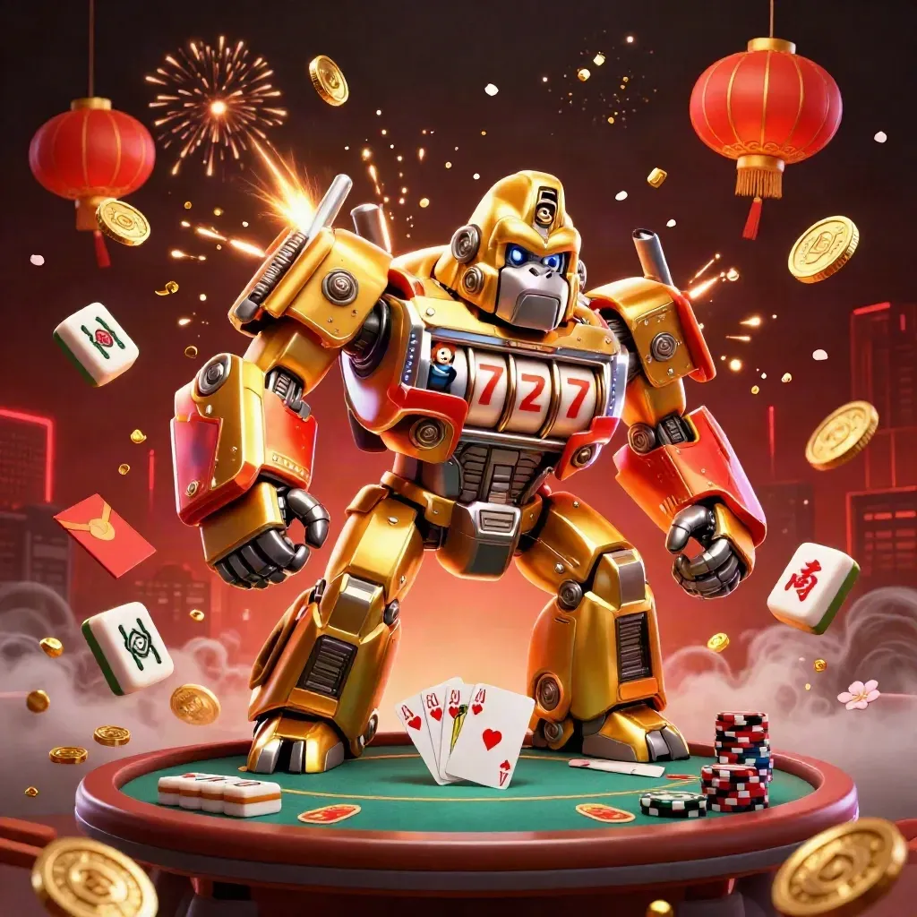 Golden gorilla mech, tiny monkey pilot, poker table, coins, fireworks, lanterns, and treasure exploding in a dark casino scene.