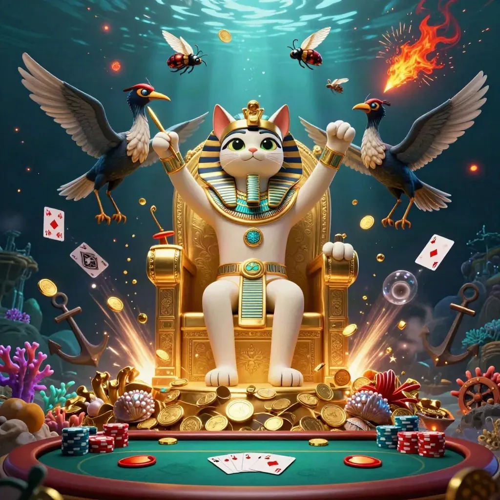 Pharaoh cat, ibis scribe and scarab beetles over a poker treasure cove with coins, chips and coral.