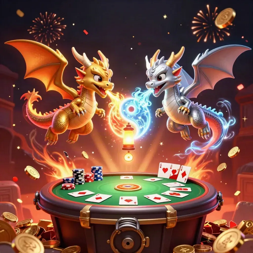 Twin gold and silver dragons swirl with poker chips, aces, coins, and fireworks in casino storm light