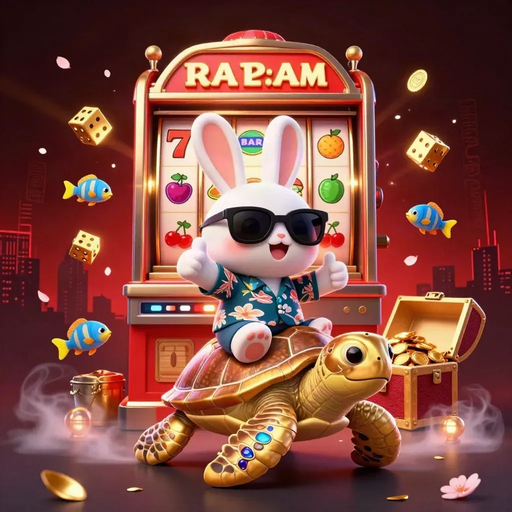 Lucky rabbit rides a golden turtle amid slot symbols, gold, petals, and red storm glow.