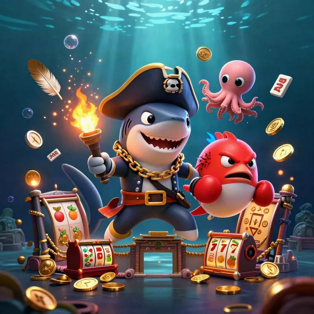 Pirate shark, boxing pufferfish and juggling octopus in a glowing underwater casino action scene.