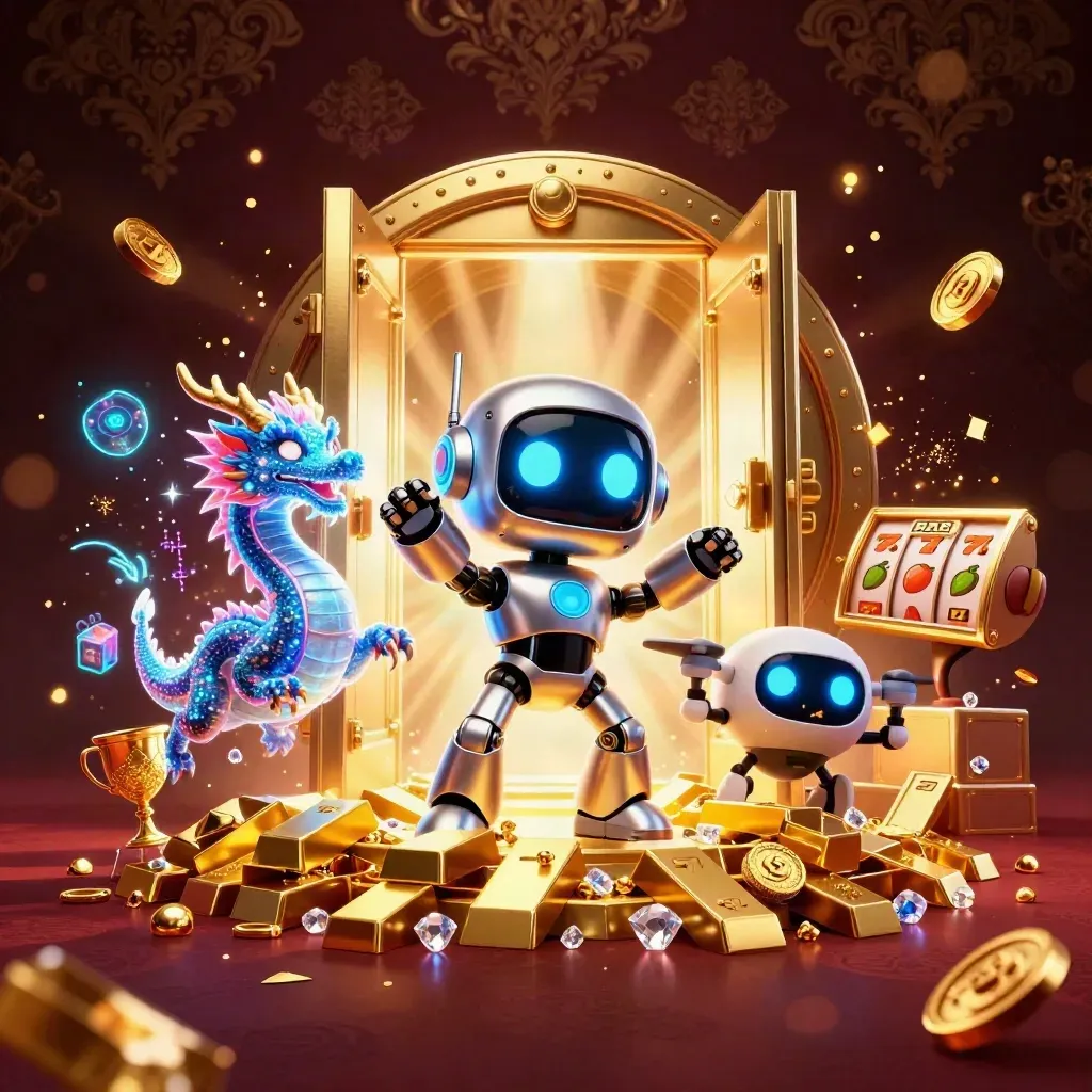 Chrome robot, holo dragon, and coin drone erupt from a golden vault in a dark casino storm