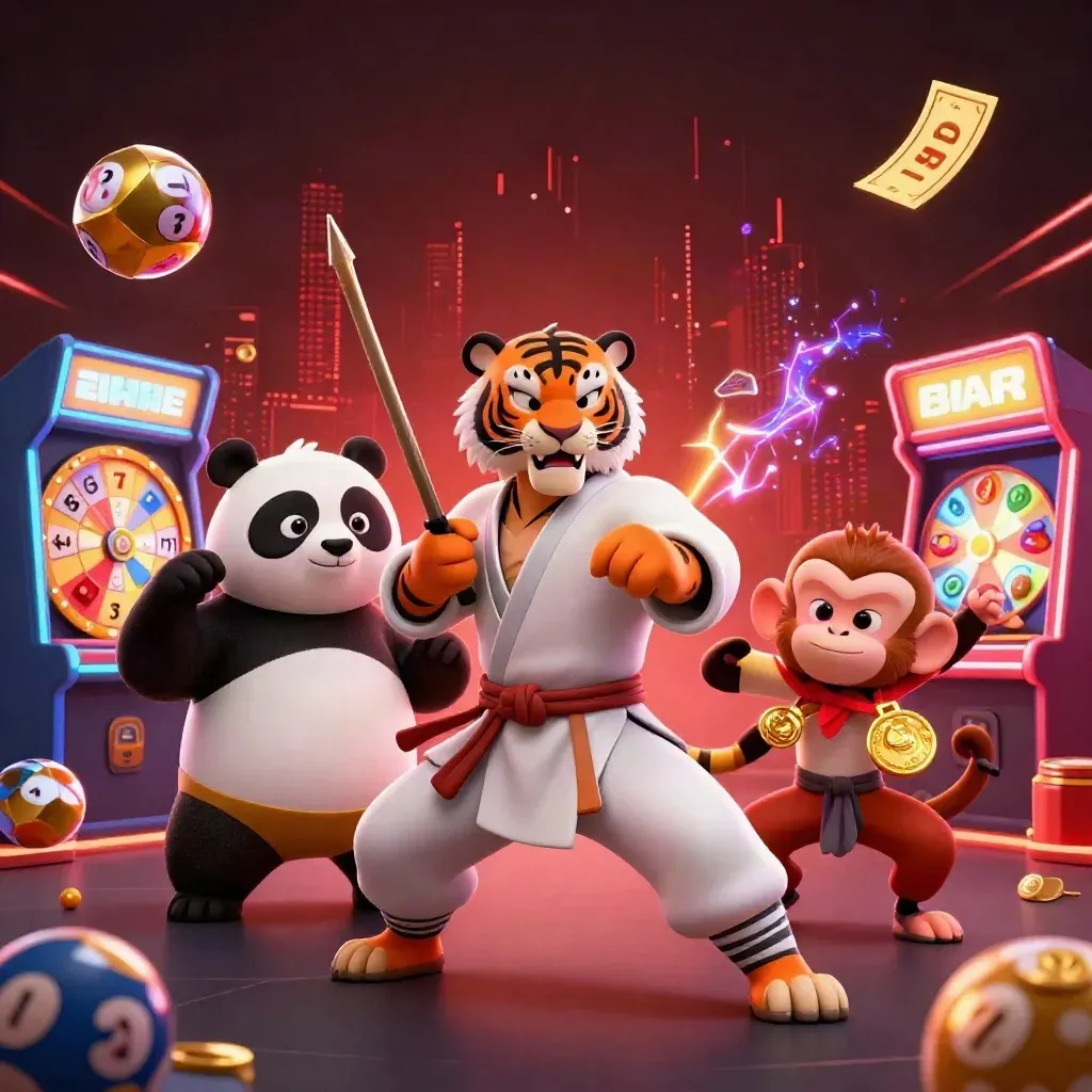 Tiger master, panda disciple, and monkey thief in a neon casino storm with gold tickets and reels