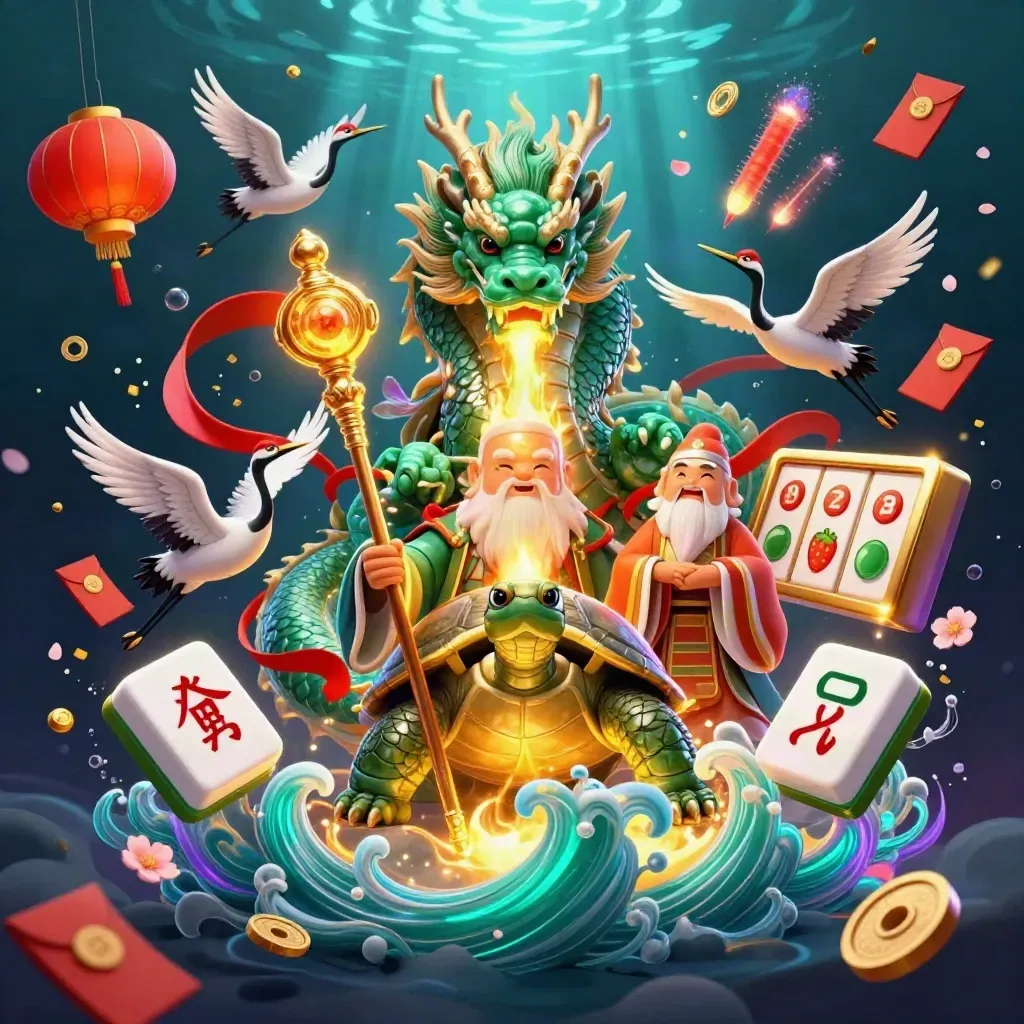 Emerald dragon, turtle sage, and cranes amid gold fire, jade coins, lanterns, and underwater glow.