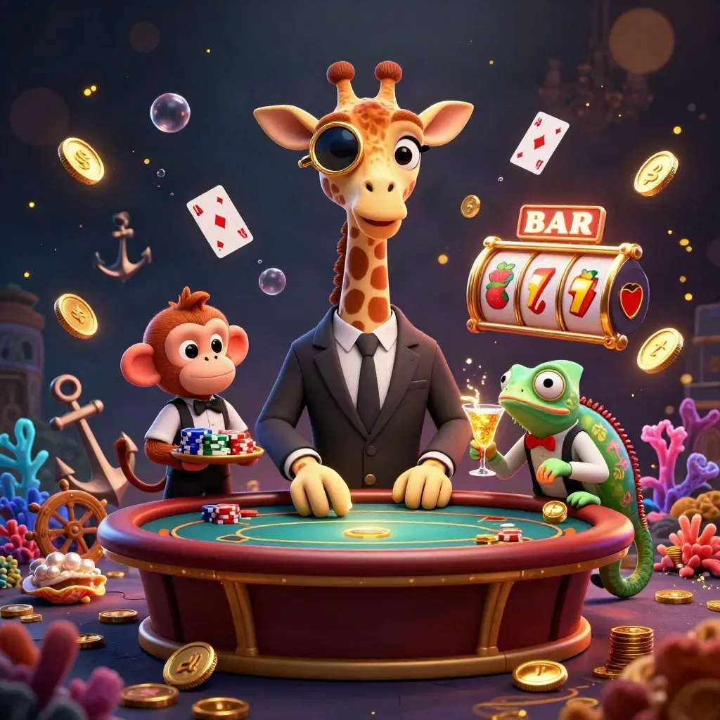 Giraffe high-roller, monkey valet, and chameleon bartender amid gold coins and poker glamour.