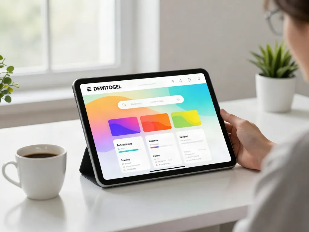 Antarmuka layanan dewitogel yang modern dan efisien, dengan pengguna menggunakan tablet dalam ruang kerja minimalis.