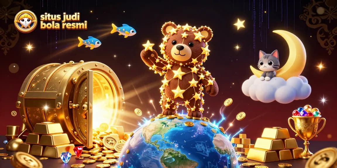 Scoop coins with situs judi bola resmi surrounded by rich treasures and cosmic elements
