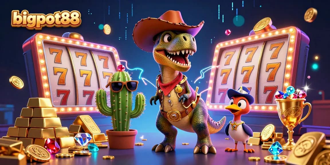 Experience bigpot88's vibrant casino energy with dinosaur cowboy and slot elements in a dazzling 3D illustration.