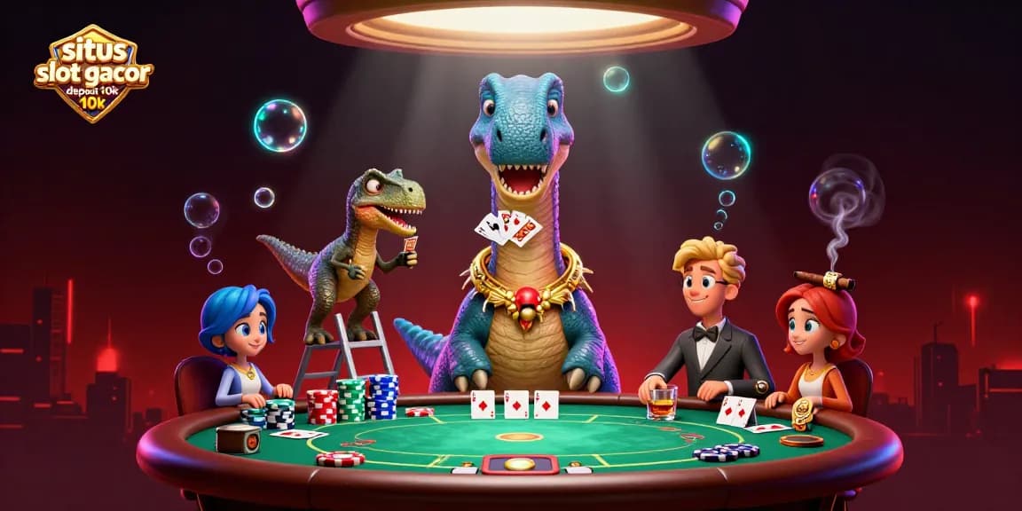 Engage with situs slot gacor deposit 10k as a brontosaurus observes poker action from above, adding excitement to the scene.