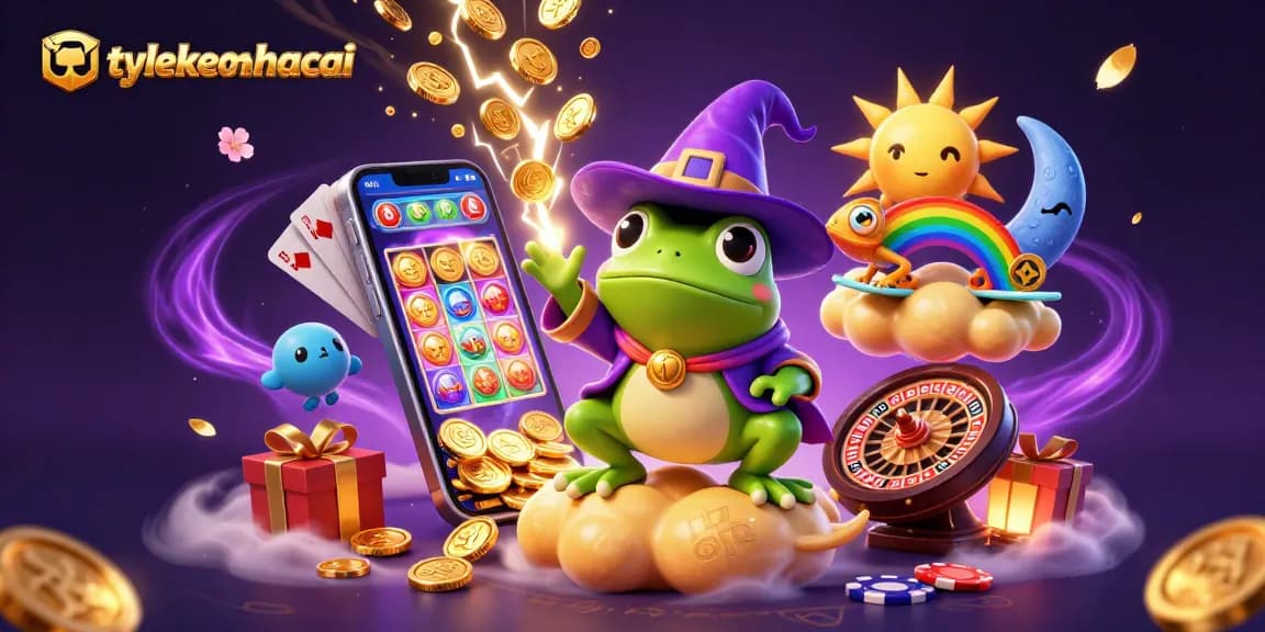Experience the excitement of tylekeonhacai with magical golden coins and vibrantly illustrated casino elements.