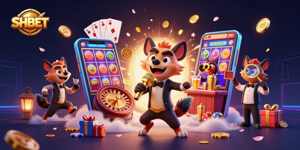 Experience the vibrant energy of SHBET with hyenas in a casino scene featuring games like slots and roulette.