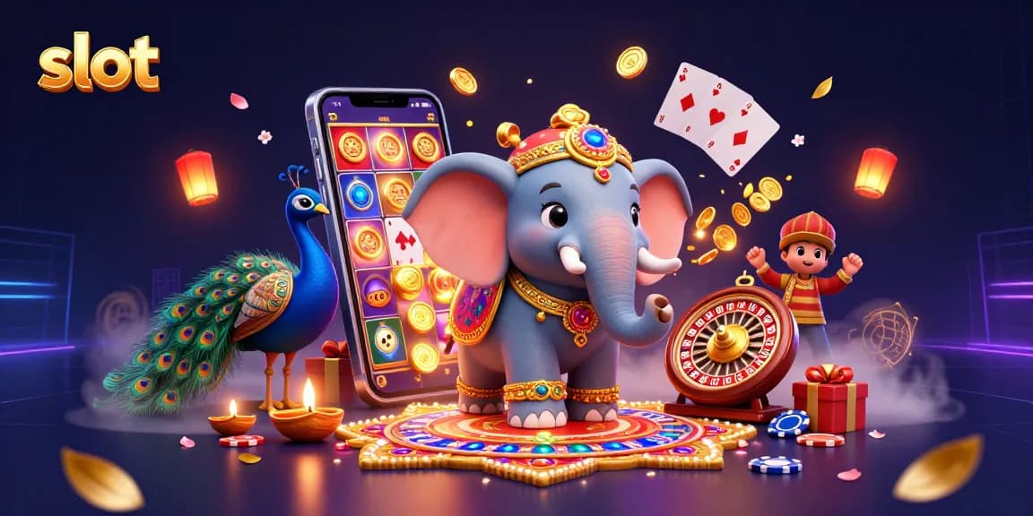Slot dengan putaran reels dan elemen kasino di latar belakang yang kemerahan.