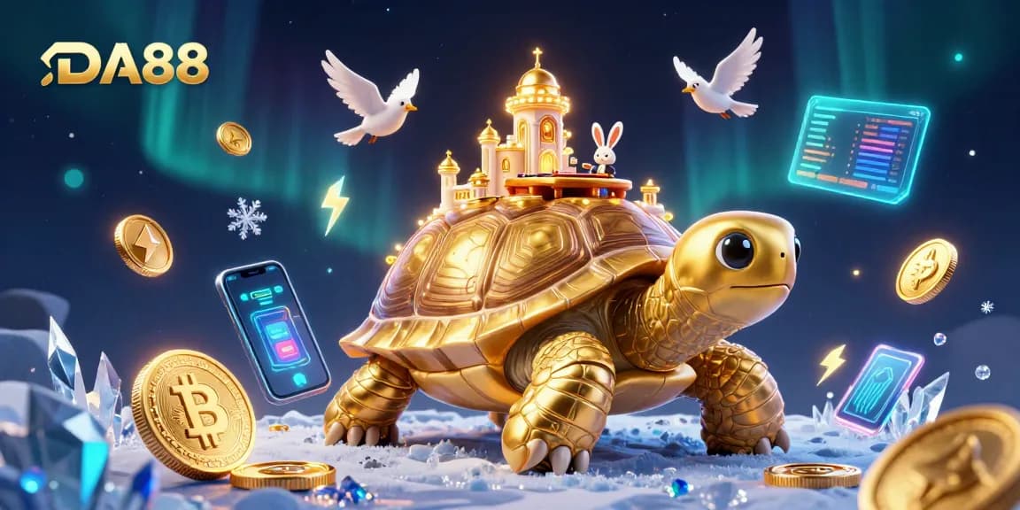 Experience the thrill of DA88 with a vibrant 3D casino scene featuring a golden tortoise, crypto elements, and a rabbit dealer.