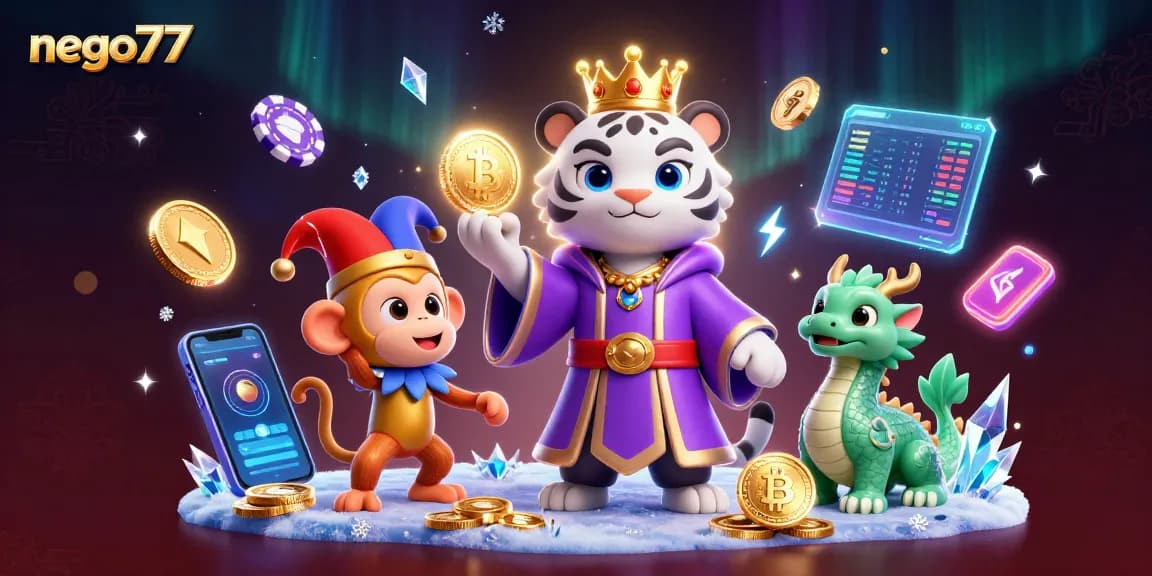 Engage with nego77's dynamic online slot experience featuring an elegant tiger and playful monkey.