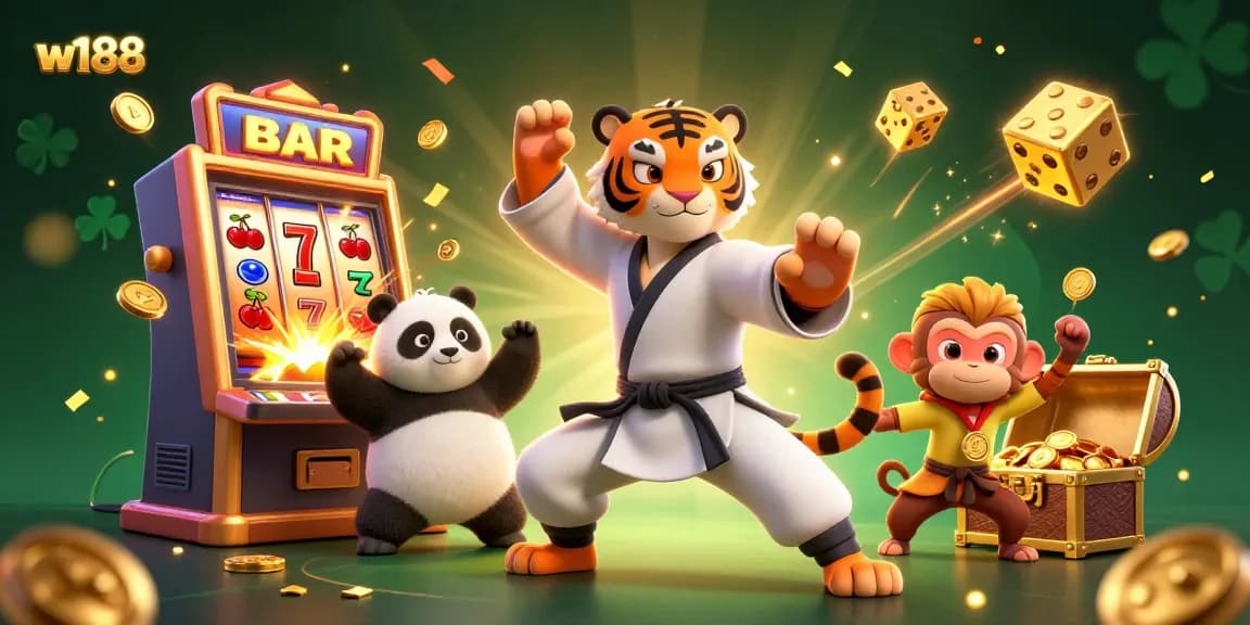 w188 players enjoy exciting jackpot wins with dynamic slots and captivating characters in a vibrant casino scene