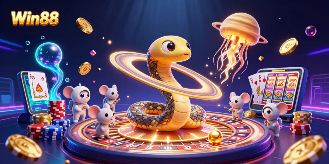 Win88 fortune vibes with astronaut mice betting on Saturn’s roulette rings amidst a cosmic dealer jellyfish.