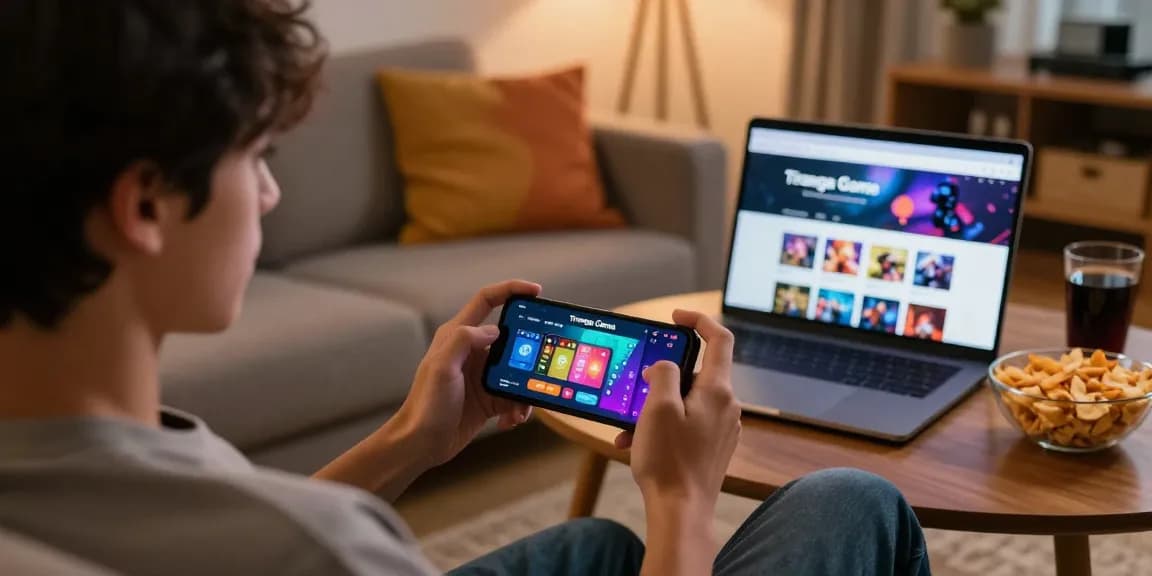 Tiranga Game Login scene with a user playing on a smartphone in a cozy living room, engaging in vibrant color prediction games.