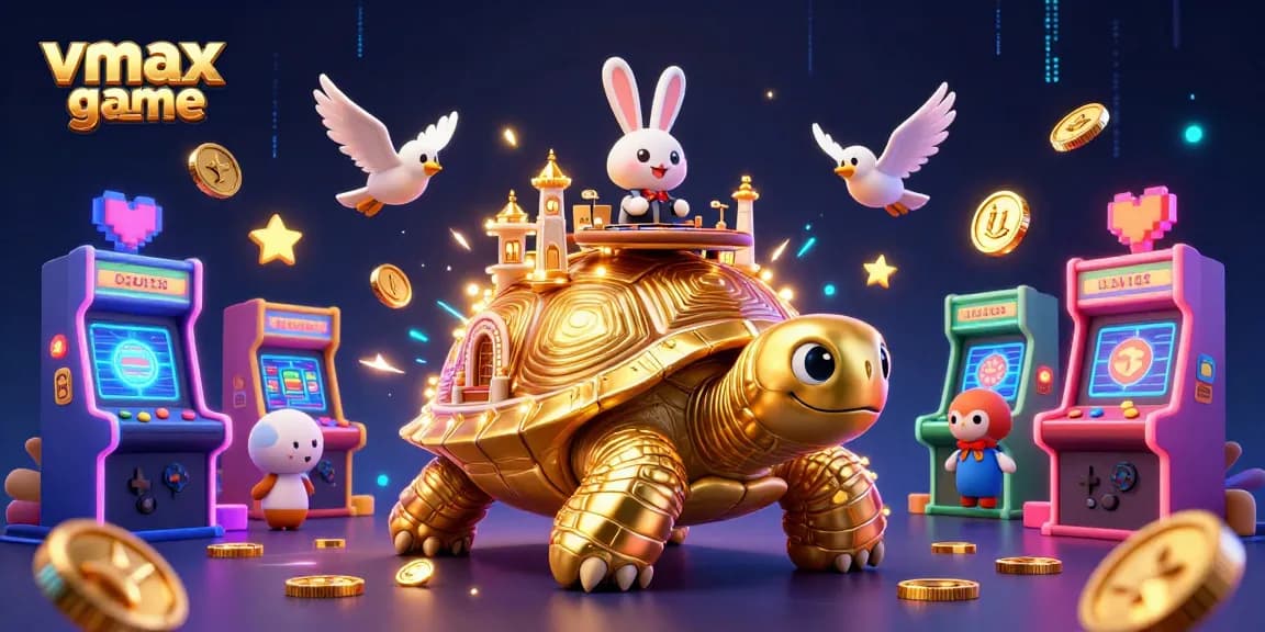 Experience thrilling vmax game action in this vibrant 3D casino scene with golden tortoise and dealer.