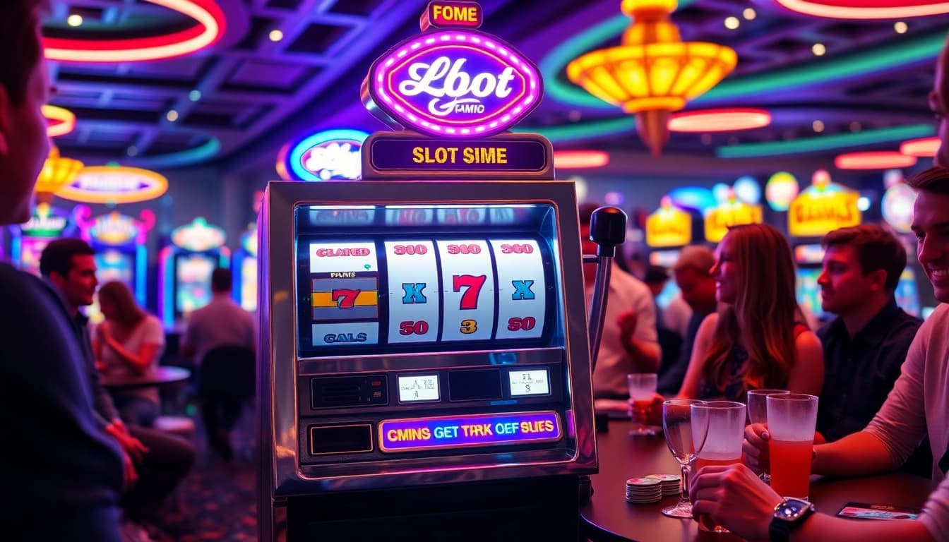 Slot Game mesin yang menarik dengan lampu cerah di kasino, mengundang pemain untuk bergabung.