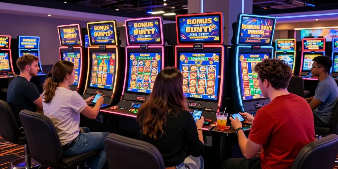 Players enjoying Bonus Buy Slots at chagency.co.uk featured casino with vibrant atmosphere and interactive displays.