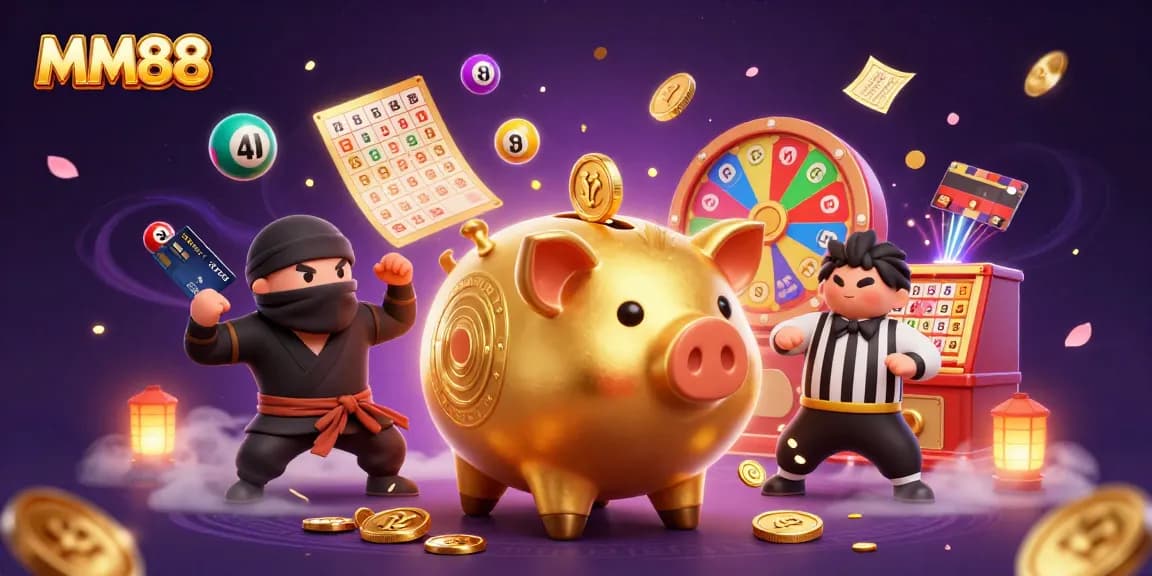MM88 showcases exciting casino action with a golden piggy bank sumo wrestler and colorful games elements.