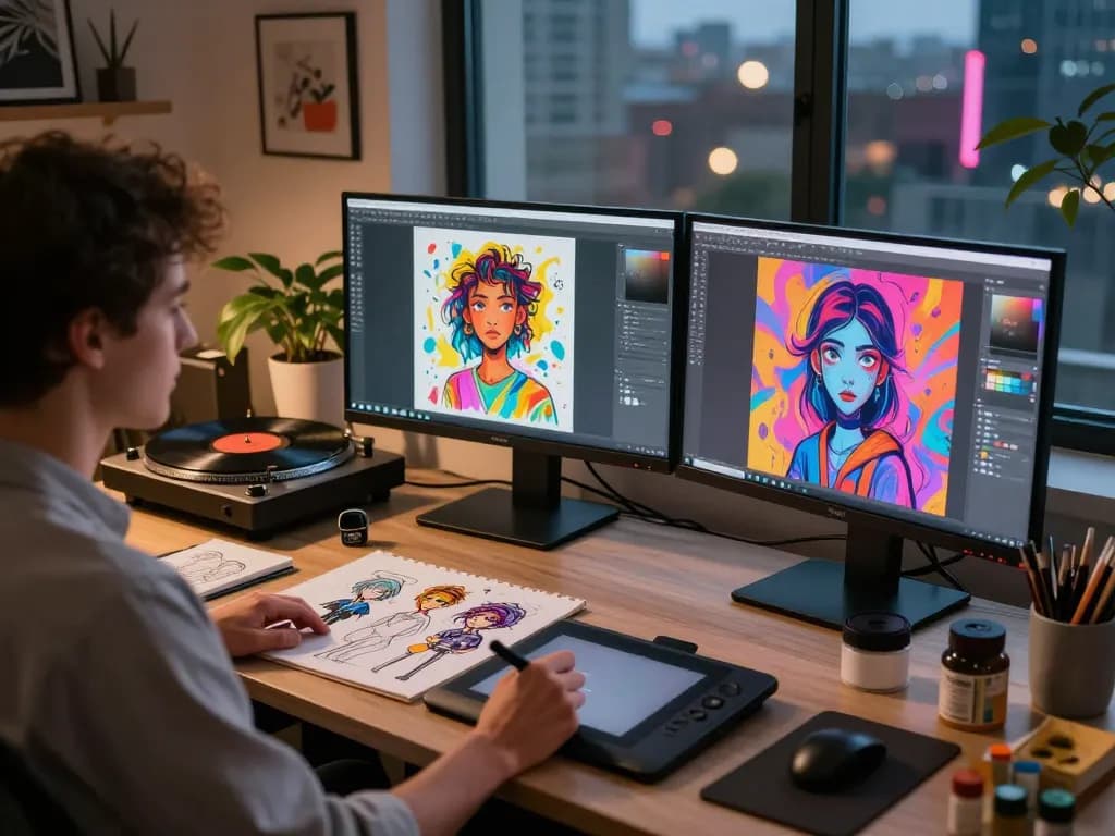 Creative artist working on NSFW AI-generated artwork in a vibrant studio.