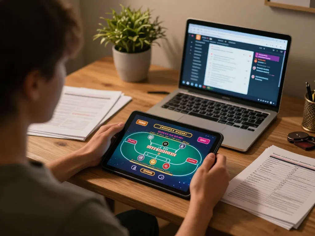 Player enjoying gg88 mobile casino games on a tablet with strategy notes nearby