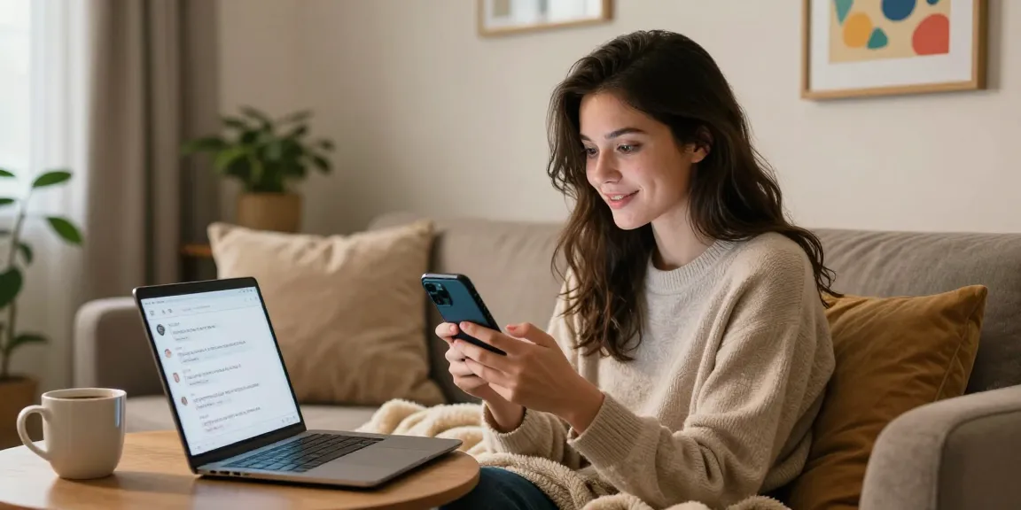 Sexting AI chat scene with a woman enjoying a relaxed interaction with her AI chatbot in a cozy living room.