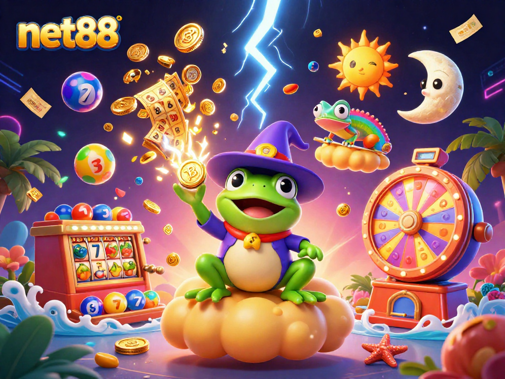 Engage with net88 slots and golden prizes while a wizard frog conjures a treasure storm.