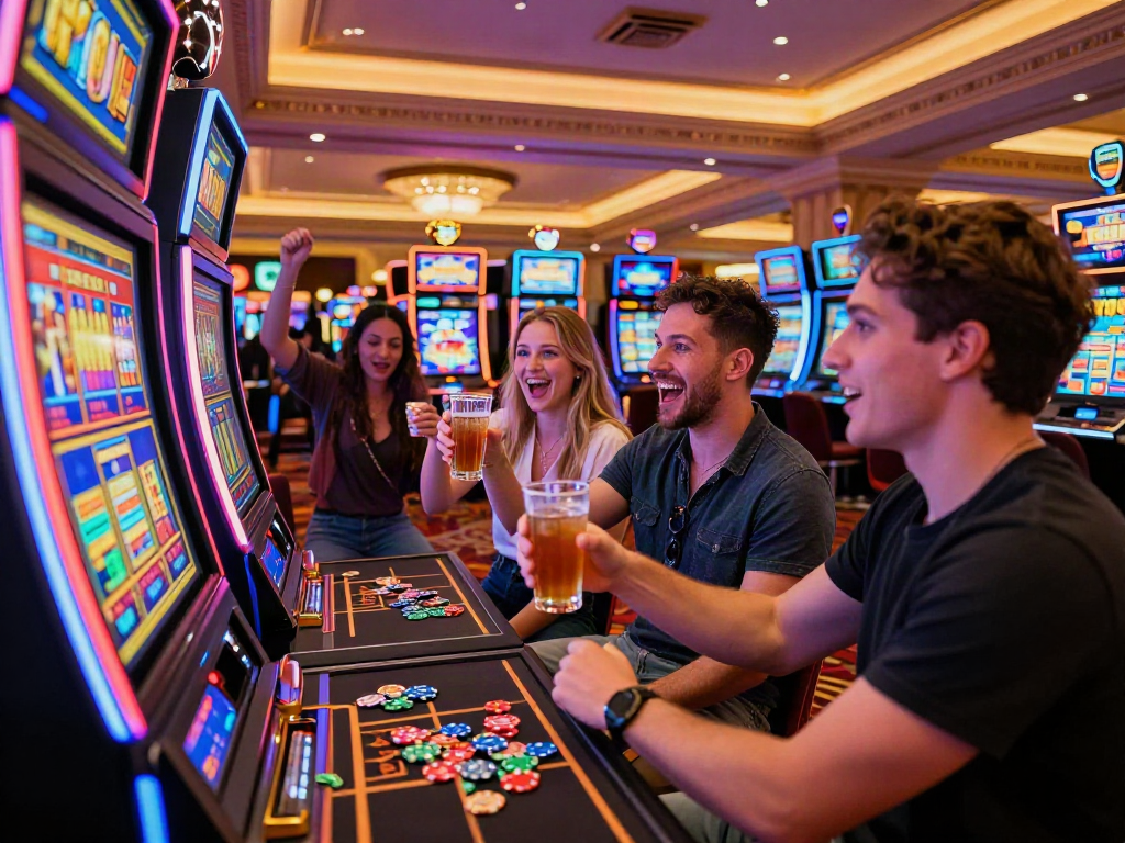 Casino guests celebrating around a slot machine, vibrant atmosphere and excitement.