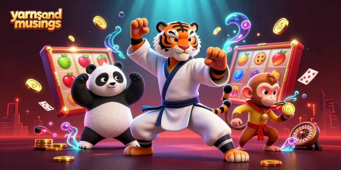 Engage with yarnsandmusings as a kung fu tiger, panda, and monkey play slots amidst sparkling casino treasures.